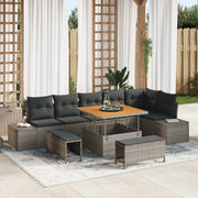 Set divano da giardino 9 pezzi con cuscini in polyrattan grigio e acacia