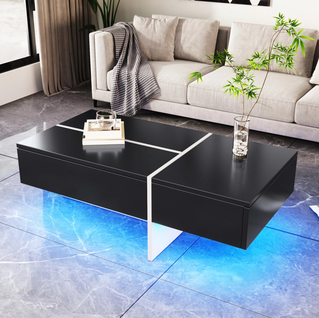 Tavolino da caffè nero lucido con LED e 3 cassetti