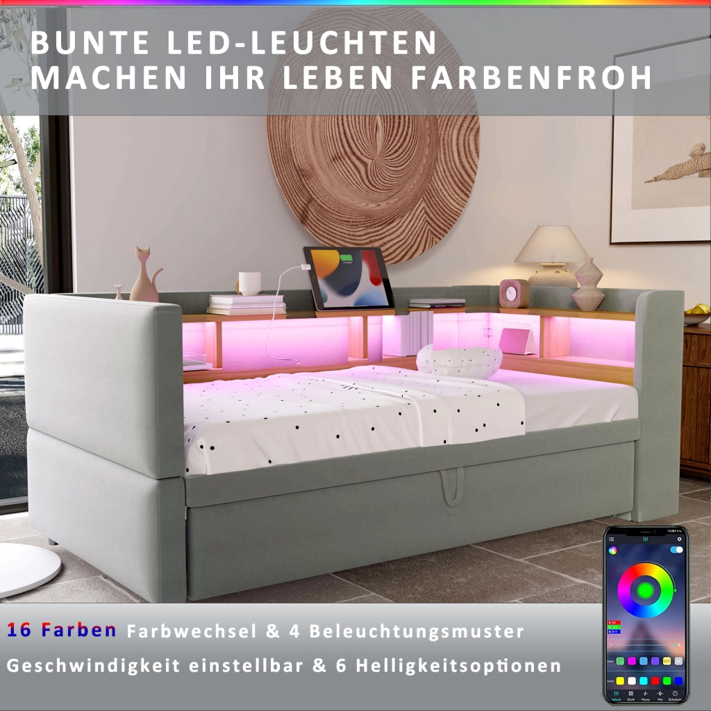 DESMIU Divano Letto 90/180 × 190 cm 2 posti con LED, prese e vani portaoggetti, senza materasso, grigio chiaro