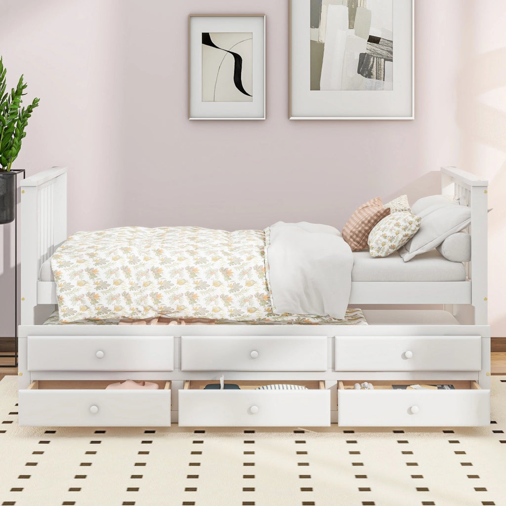 Letto singolo 90×200 cm e 90×190 cm con 3 cassetti e letto estraibile; senza materasso; legno; bianco