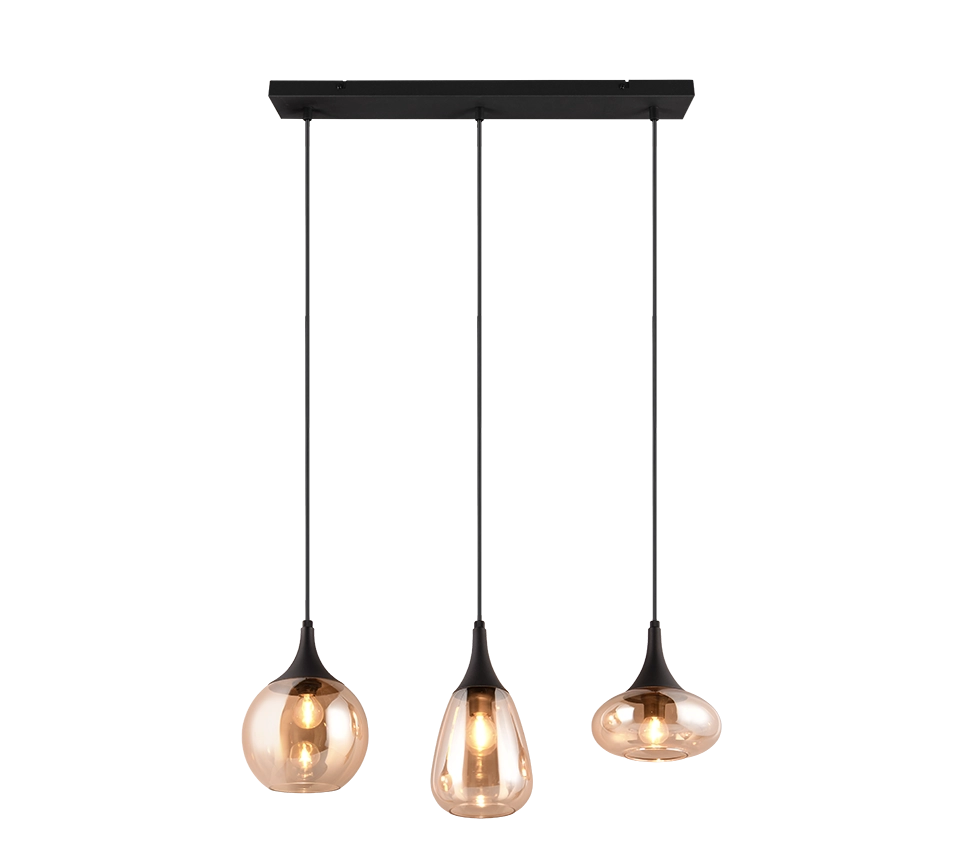 Lampada a sospensione 3 diffusori, metallo, nero e ambra, L 68 cm, Lumina