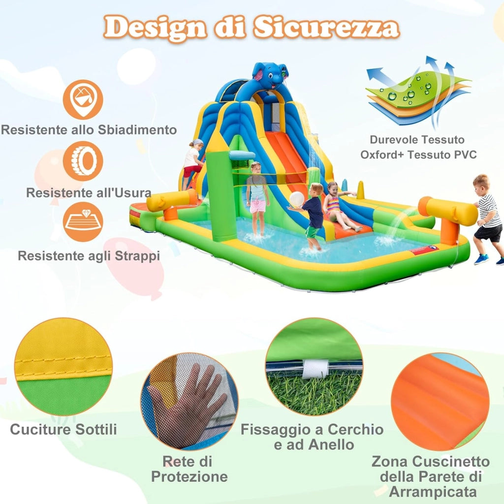 Castello Gonfiabile per Bambini, Casa Gonfiabile con Piscina, Parete da Arrampicata, Cannoni d'Acqua, per 3 Bambini di 3-10 Anni, 378 x 469 x 250 cm