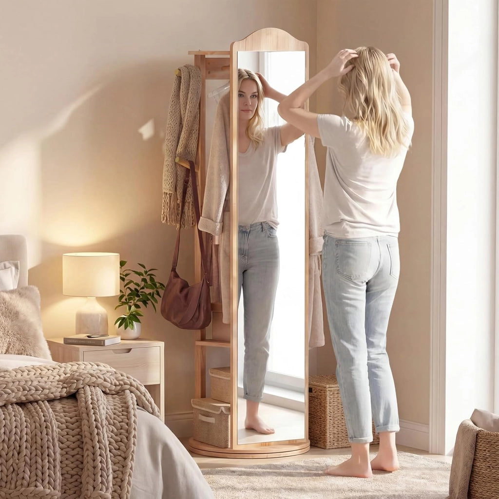Appendiabiti Girevole a 360° con Specchio, Specchio a Figura Intera da Terra con Ripiani e Ganci, Appendiabiti per Soggiorno, Camera da Letto e Guardaroba (Stile 2)