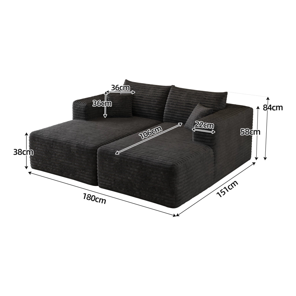 Divano modulare chaise longue senza montaggio salvaspazio per soggiorno e camera in velluto a coste nero