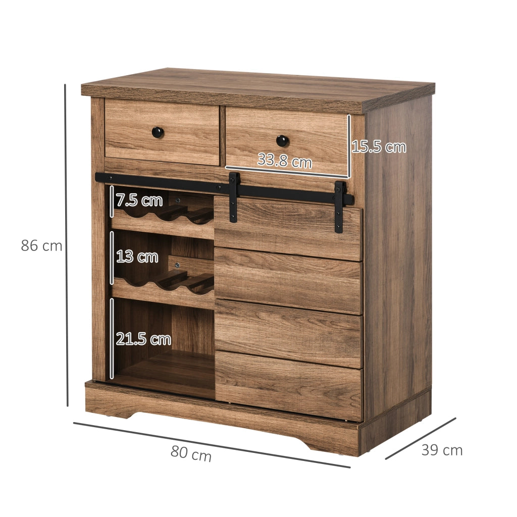 EasyComfort Mobile da Cucina Rustico con 2 Cassetti, Ripiani Aperti e Portabottiglie, Credenza Buffet in Legno e Metallo, 80x39x86 cm, Color legno