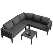 Set da giardino 4-5 posti - Zephmum - Tavolino in vetro temprato, struttura in ferro zincato, cuscini grigi, gambe regolabili
