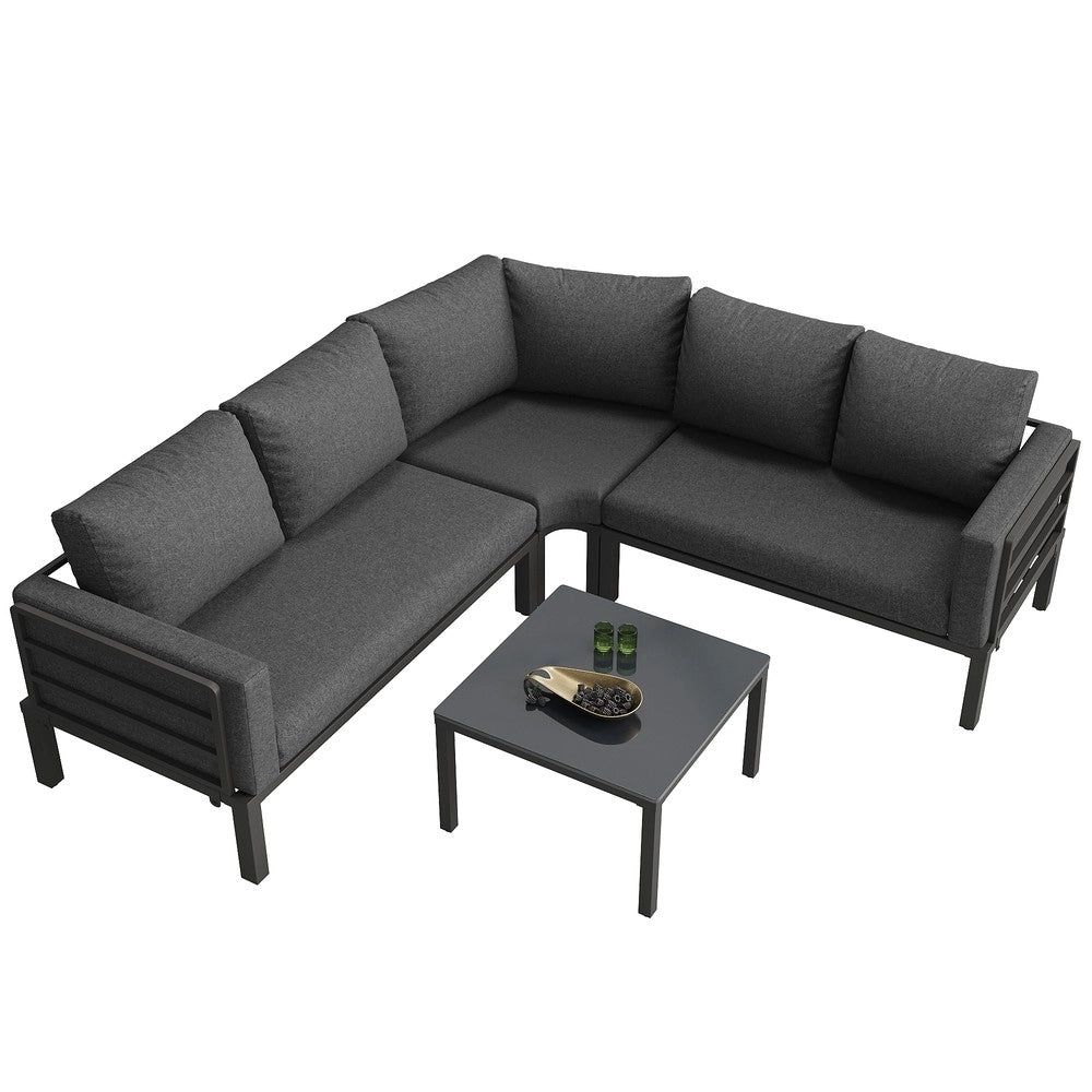 Set da giardino 4-5 posti - Zephmum - Tavolino in vetro temprato, struttura in ferro zincato, cuscini grigi, gambe regolabili