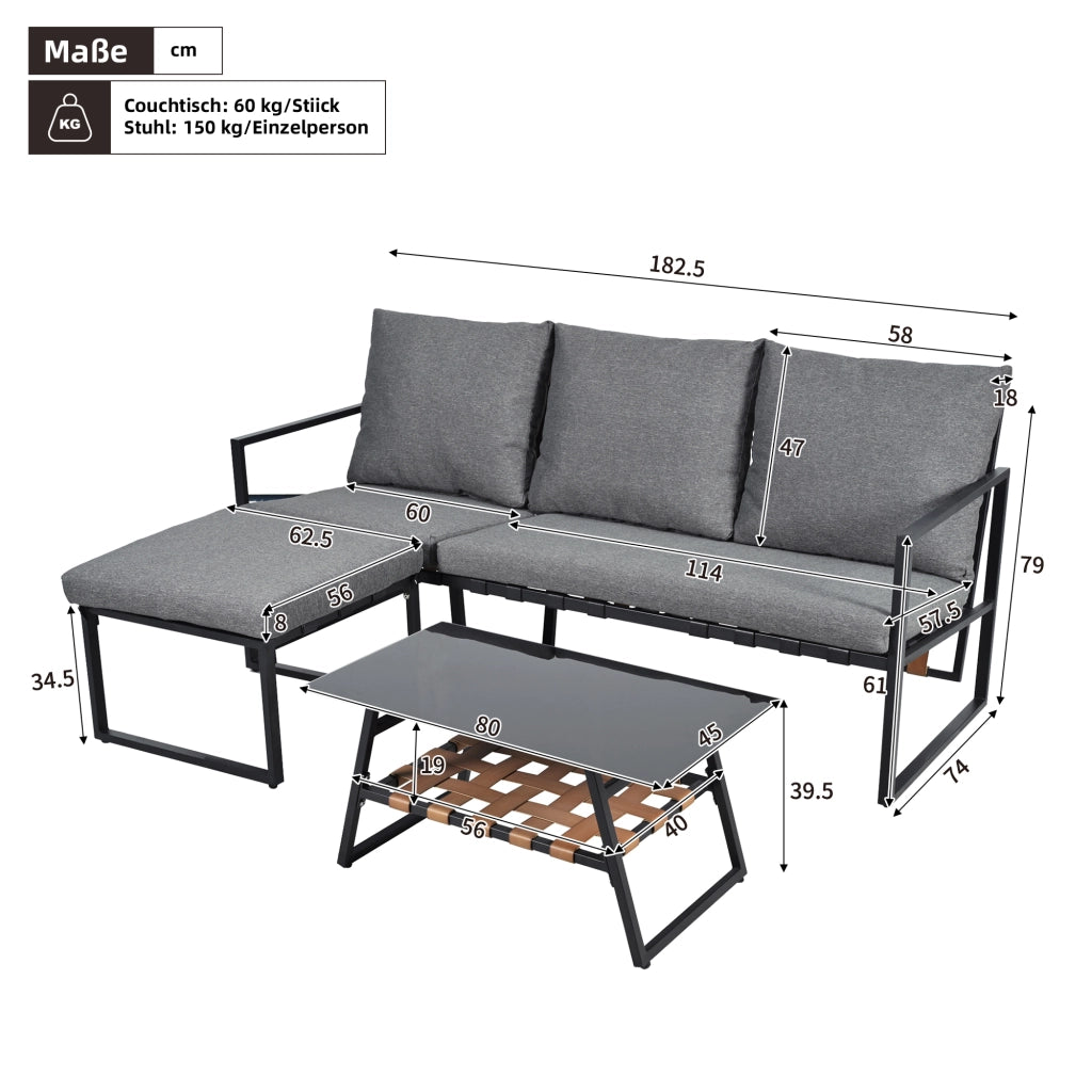 Set di mobili da giardino set d'angolo divano + tavolino da caff¨¨ + sgabello tubo in acciaio zincato piano tavolo in vetro adatto a giardini piscine e altre aree esterne grigio