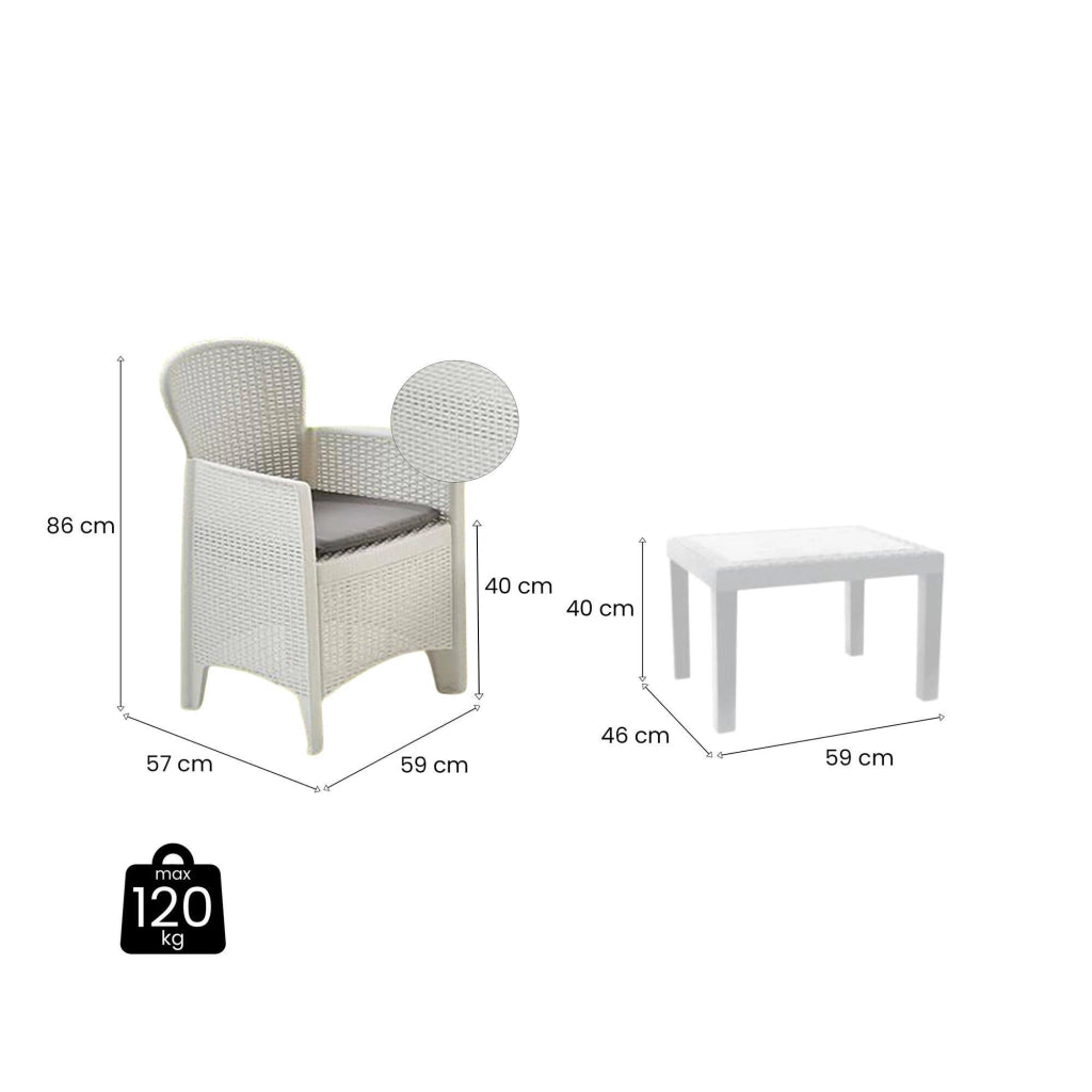 Set salotto da esterno Aneta, Set da giardino con cuscini composto da 2 poltrone e 1 tavolino, Salottino indoor, 100% Made in Italy, Cm 60x58h86, Bianco