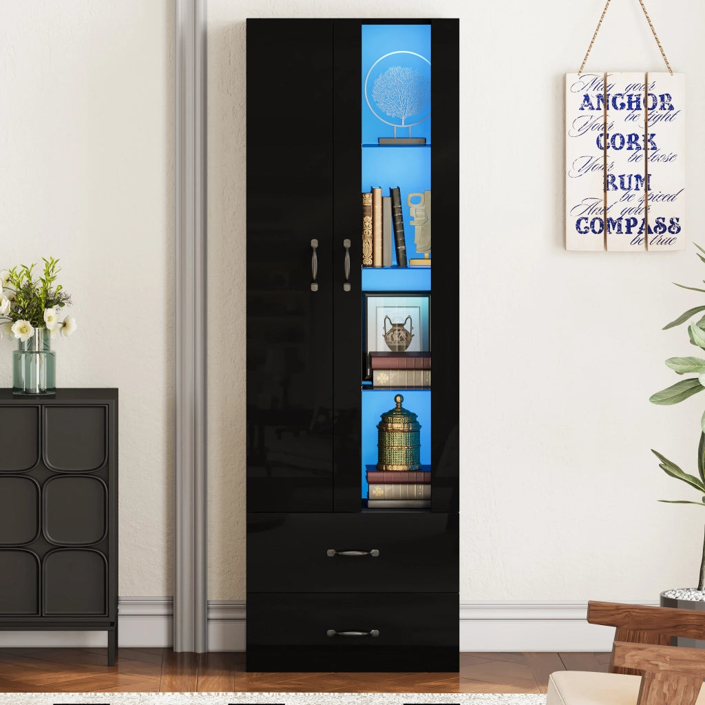 Vetrina con 2 ante; 2 cassetti e 6 ripiani con LED per soggiorno e studio; in truciolare nero; 60×35×182.5 cm