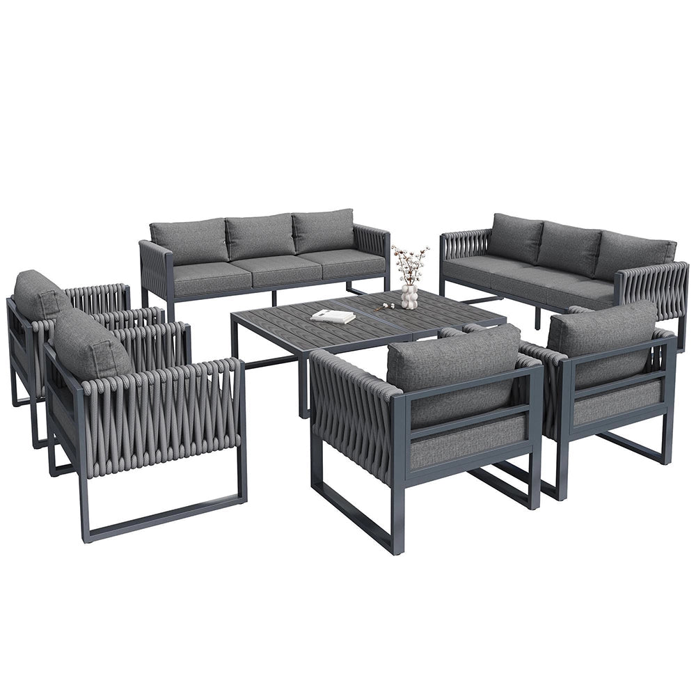 Set da giardino 10 posti - Xylo - Piedi regolabili, cuscini, struttura in acciaio inossidabile, grigio