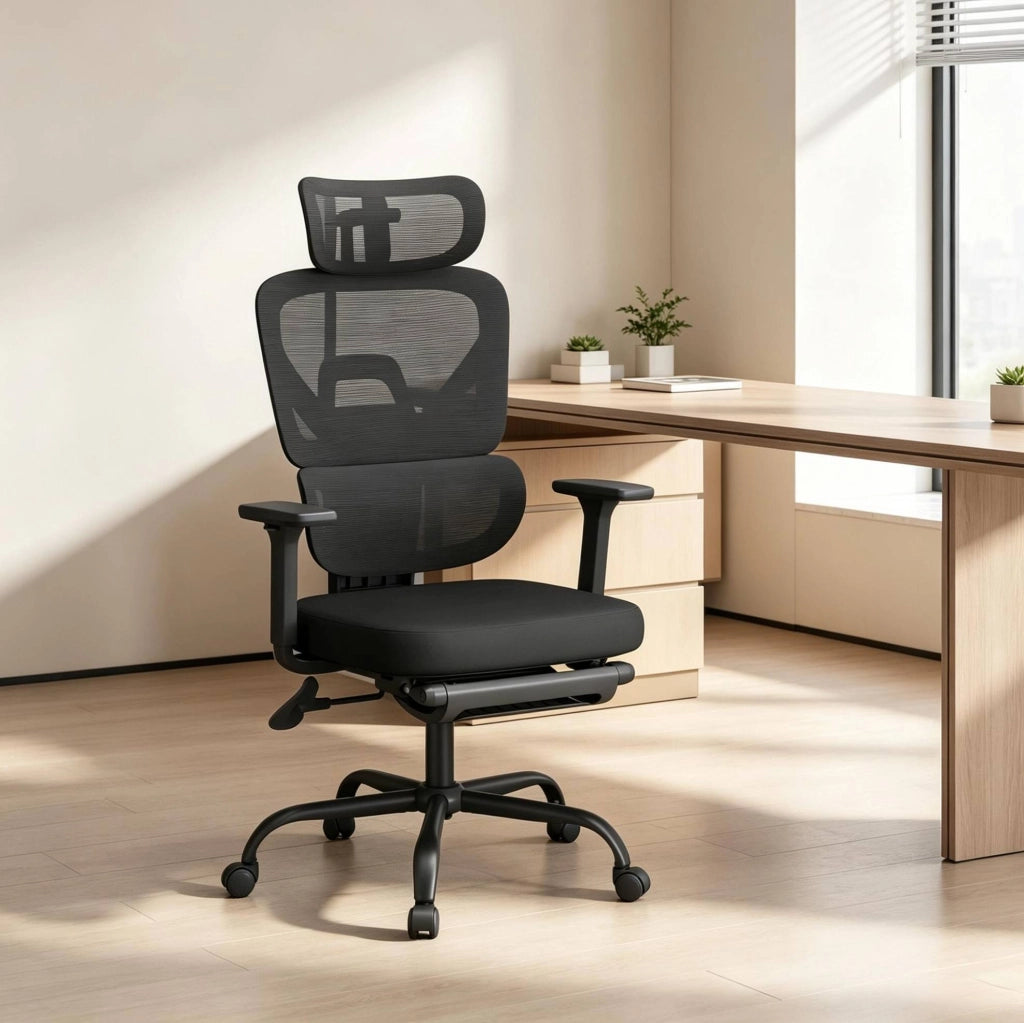 Sedia da ufficio ergonomica nera con poggiapiedi regolabile