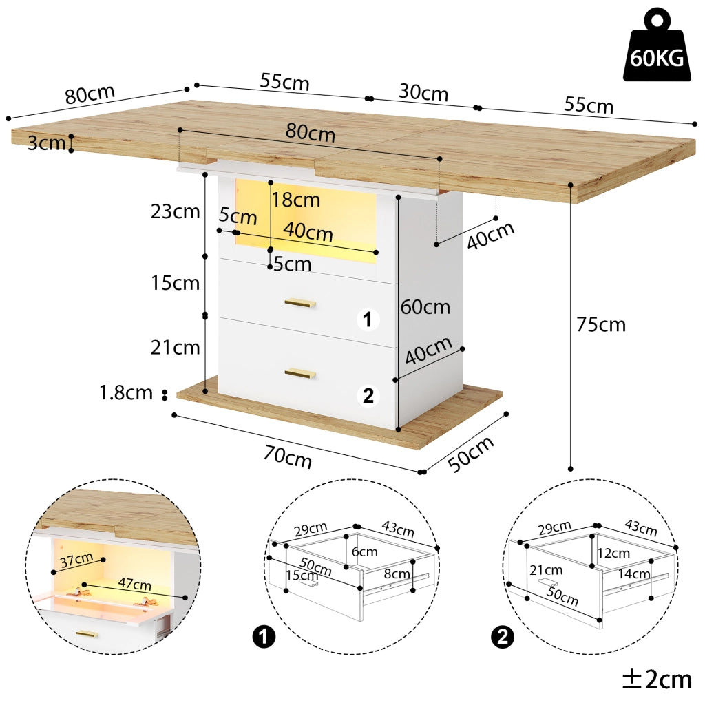 TAVOLO Allungabile 110-140x80x75 cm MDF Bianco con LED e controllo App
