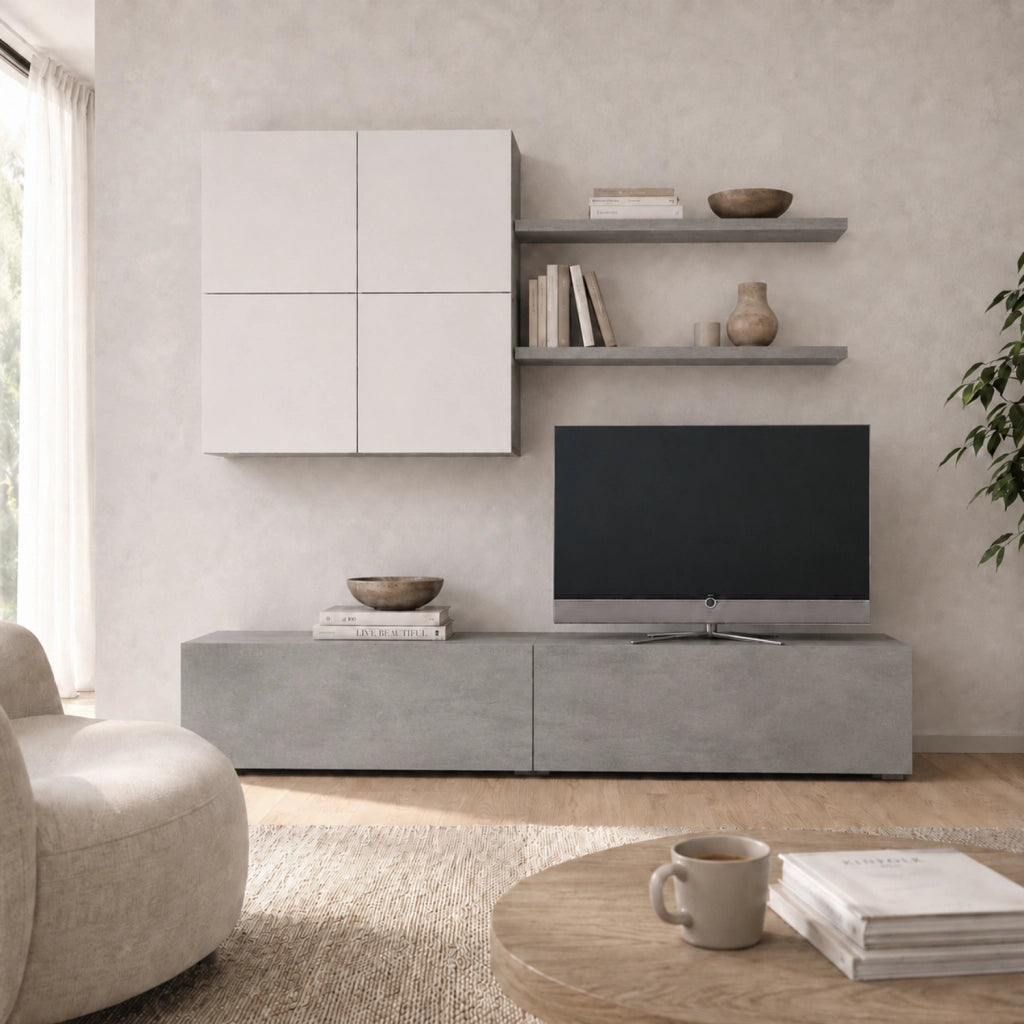 Parete Attrezzata Mobile Soggiorno Moderno Con Base TV 2 Ante Pensile 4 Ante e 2 Mensole Design Contemporaneo in Melaminico Facile da Pulire 200 x 194 x 40 cm Bianco e Grigio Cemento
