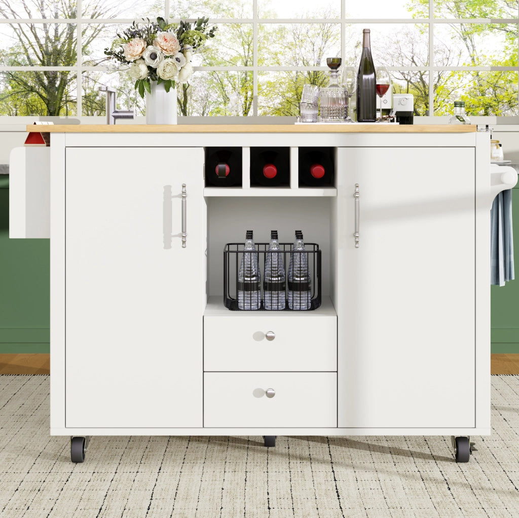 Isola da cucina 137.9x73x92 cm con piano pieghevole; ruote; MDF e metallo bianco