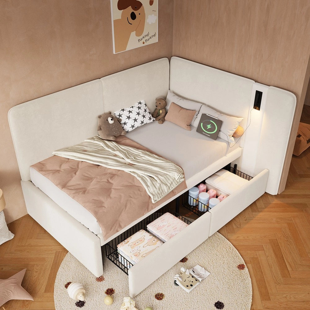 Letto Imbottito con Cassetti ¨C Xylo ¨C Velluto Beige 90x200 cm