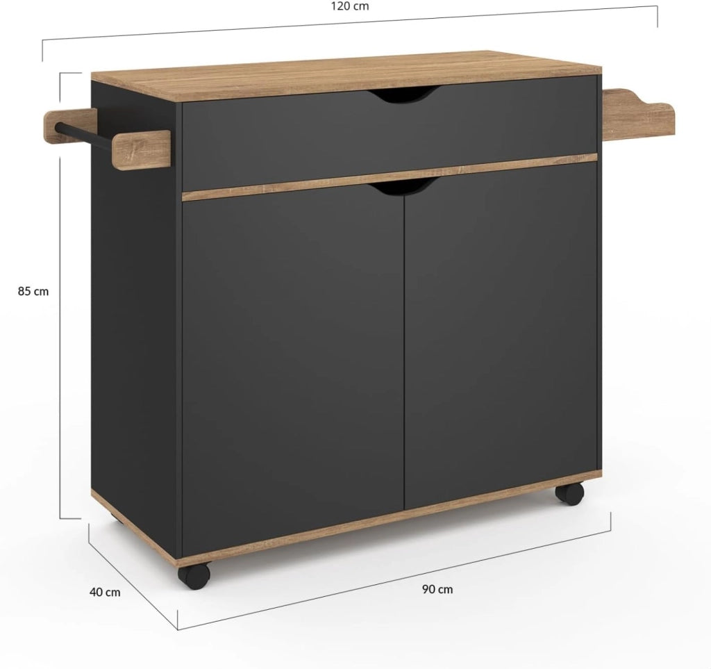 COSY XXL L.90 CM Aparador de cocina con cajón negro y estantes estilo haya