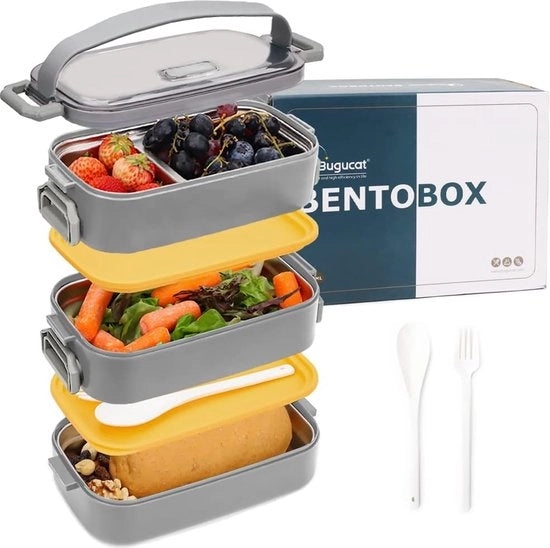 Lunchbox in acciaio inossidabile con contenitore per pane - 1700ML - 4 contenitori - Cucchiaio - Adatto per adulti e bambini - Scuola Lavoro Picnic Viaggi