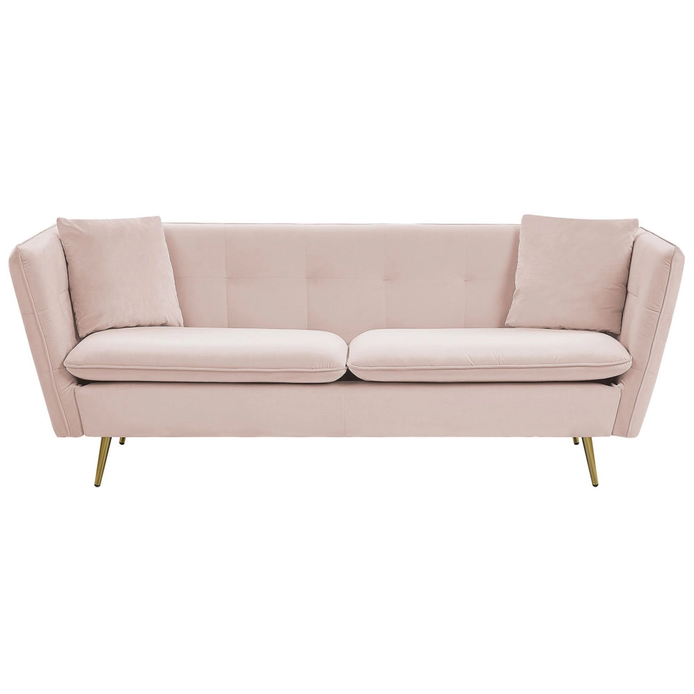Divano a 3 posti con rivestimento in tessuto di velluto rosa capitonné con gambe dorate