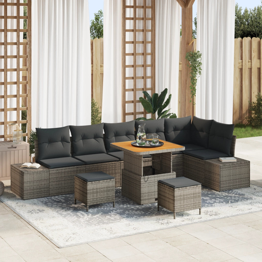 Set di Divani da Giardino 9 Pezzi con Cuscini Grigio Polyrattan Acacia