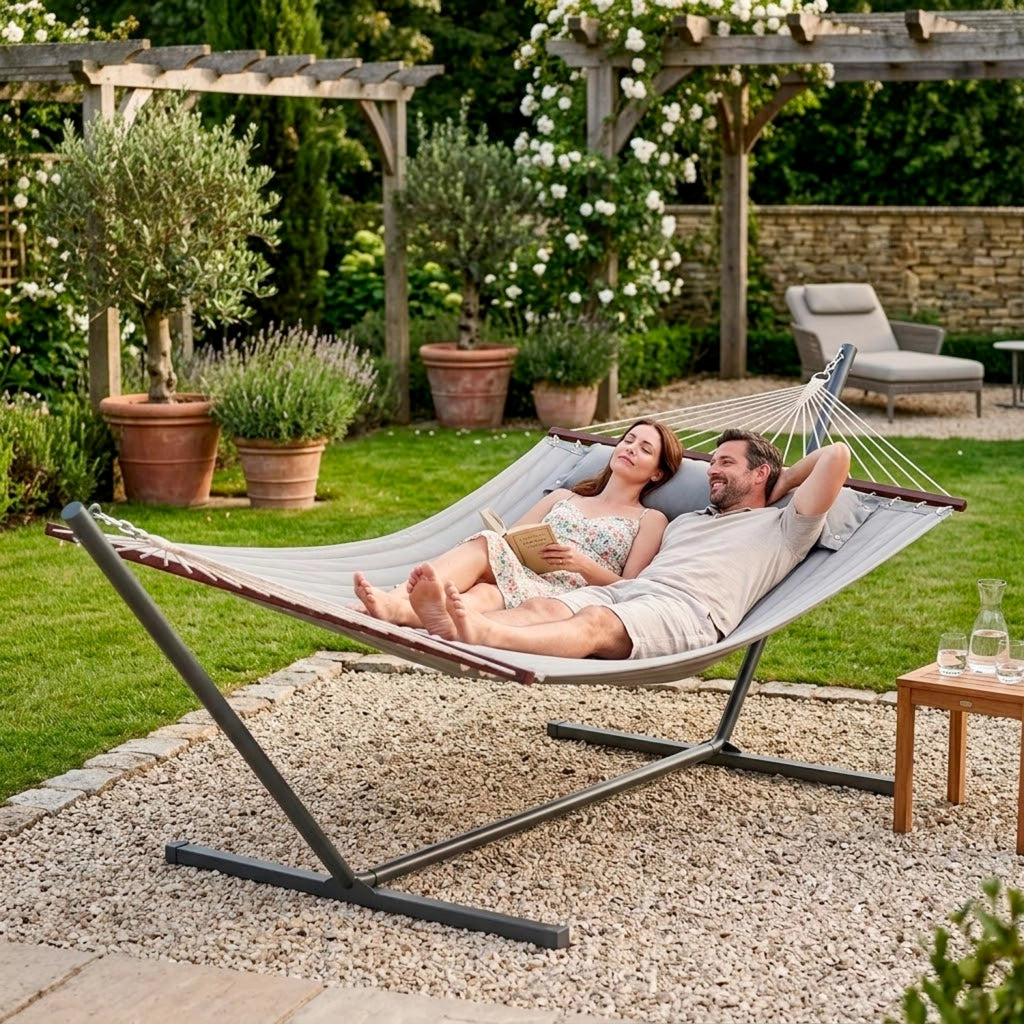 Amaca Matrimoniale Da Esterno Con Supporto Tubolare In Acciaio Tessuto Resistente E Traspirante Perfetta Per Relax In Giardino Veranda Terrazzo Balcone E Piscina 350 x 120 Cm Grigio