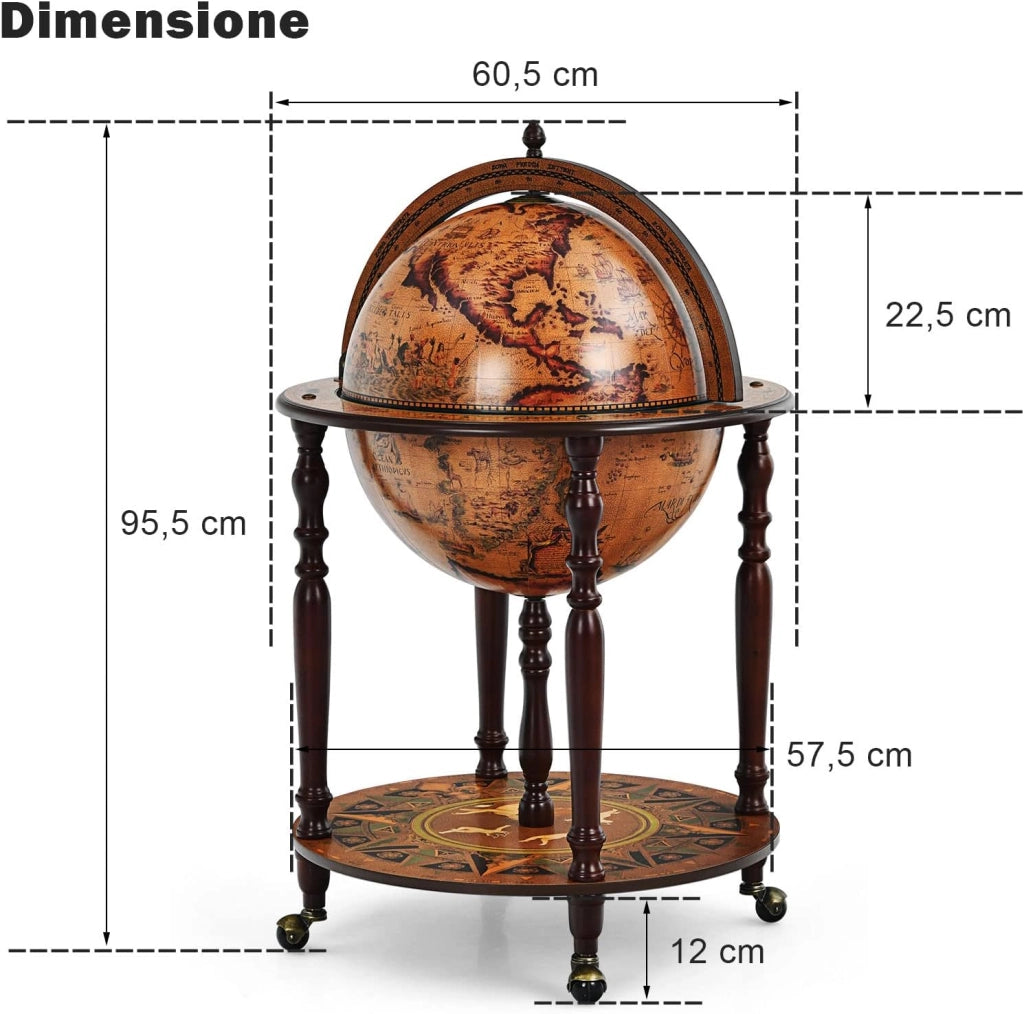 Porta Liquori Mappamondo, Portavino con Ruote, Credenza per Vino con Stile Retrò per Bar Sala da Pranzo e Salone, Diametro 45 cm