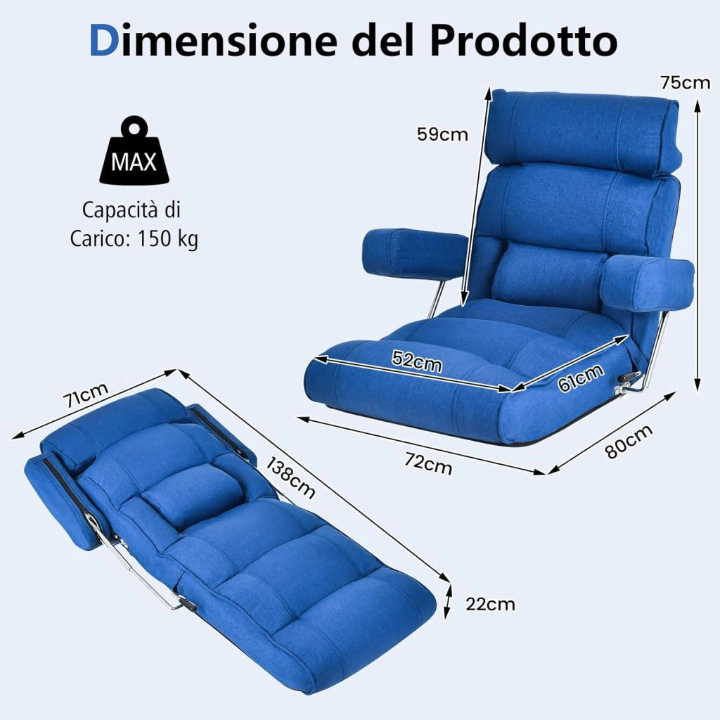 Sedia Divano Pieghevole, Poltrona Letto Singolo con Schienale Regolabile, Poggiatesta Lombare e Poggiapiedi Regolabile a 6 Posizioni, 80 x 72 x 75 cm (Blu)