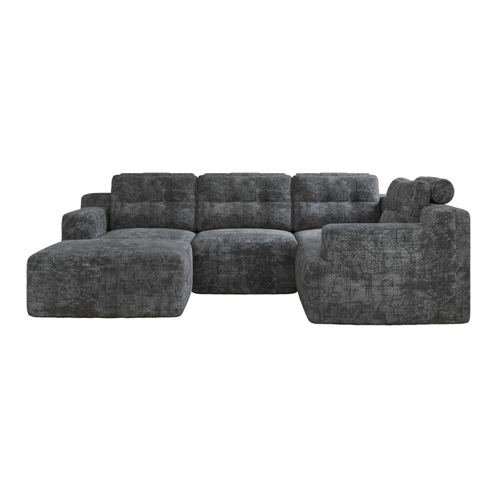 Divano modulare 5-6 posti in ciniglia grigio con pouf