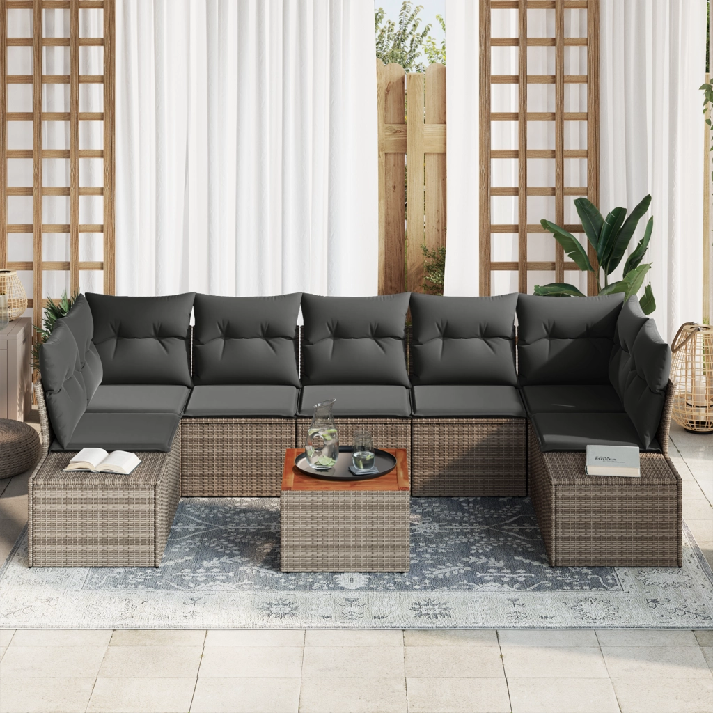Set Divano da Giardino 8 Pezzi con Cuscini Grigio Polyrattan Acacia
