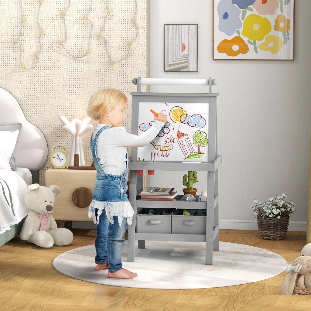 Tavolo da Disegno per Bambini 3 in 1 con Lavagna e Cestino ¨C Zephmum ¨C Grigio