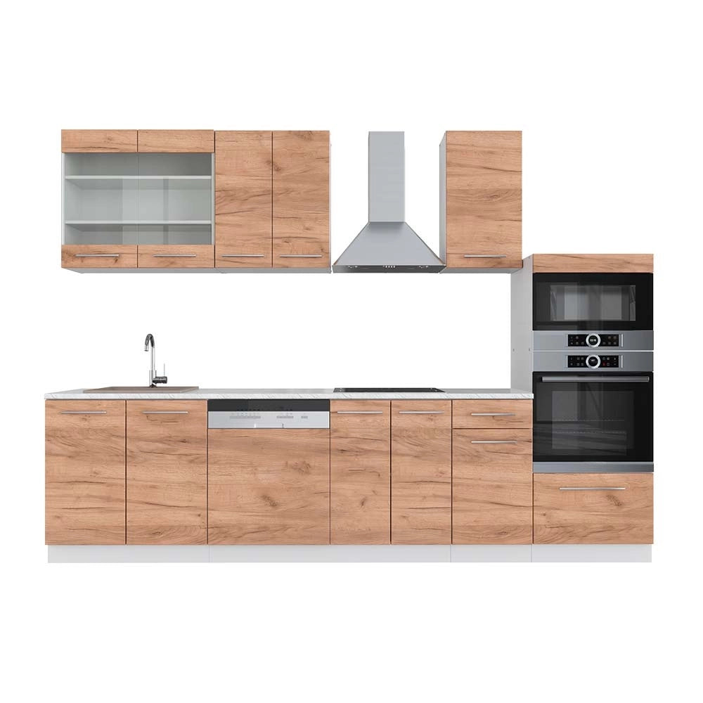 Cucina componibile Fame-Line Rovere dorato/Bianco 300 cm con armadio alto, PL Marmo Vicco