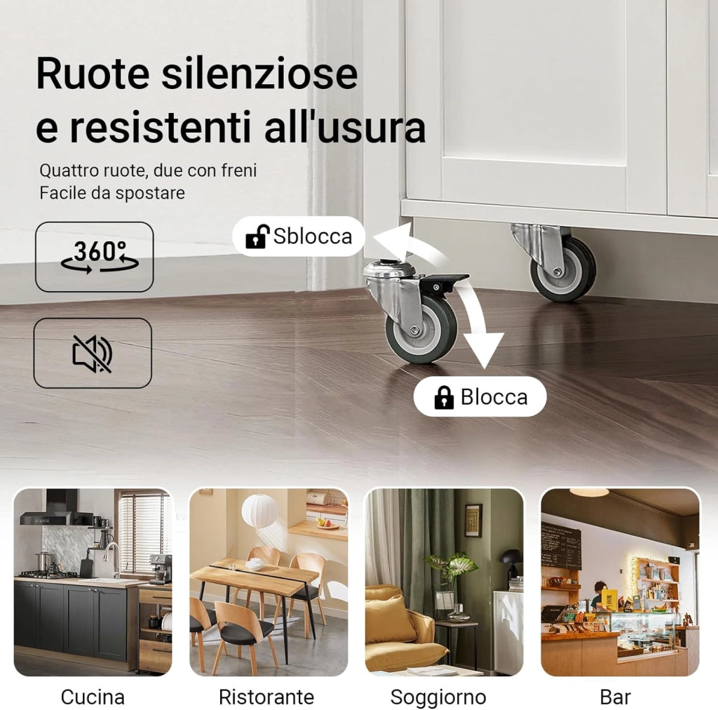Carrello cucina salvaspazio con piano di lavoro – Mobile cucina con ruote, ideale come mobiletto cucina, credenza compatta o mobile microonde – Disponibile in Bianco 60x92x45cm FKW22-WN