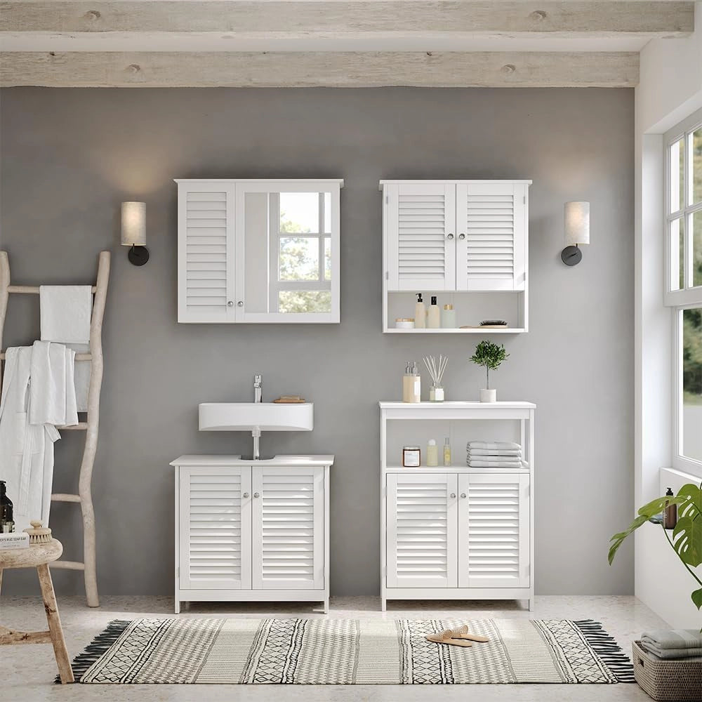 Armadietto a muro Riad, Bianco, 60 x 66 cm con 2 ante, per montaggio a parete per riporre accessori da bagno