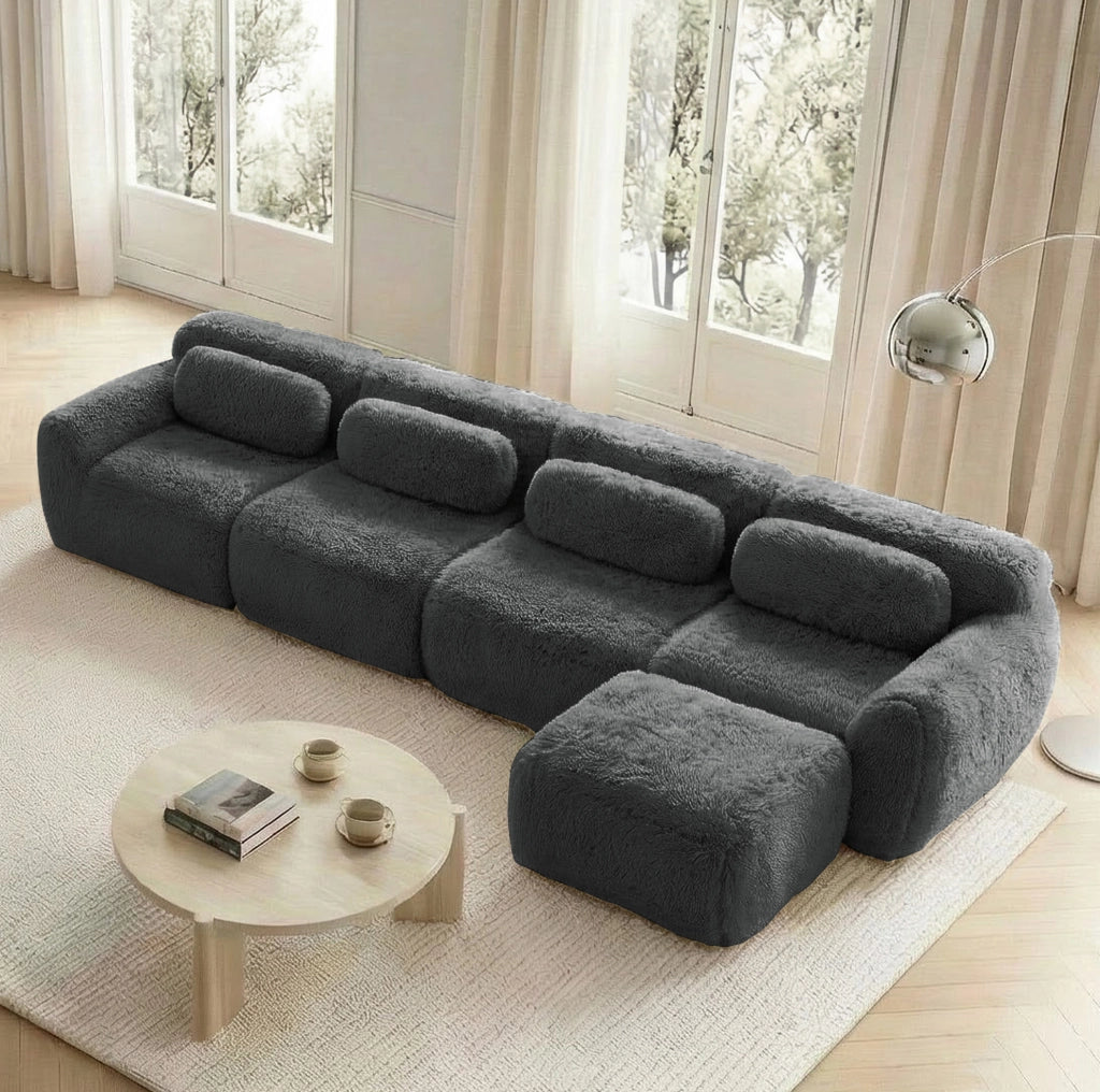 Divano angolare modulare 4 posti senza montaggio in tessuto plush grigio