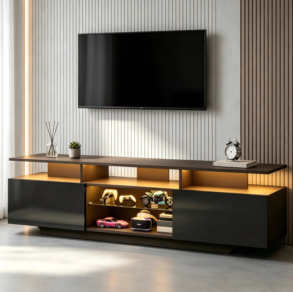 Mobile TV nero con LED controllabile via app, 160x40x45 cm, 2 ante e 8 ripiani