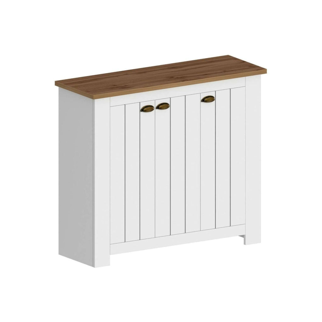 Scarpiera Seprio, Porta scarpe salvaspazio a 3 ante, Armadio multifunzione da ingresso, 114x42h100 cm, Bianco e Rovere