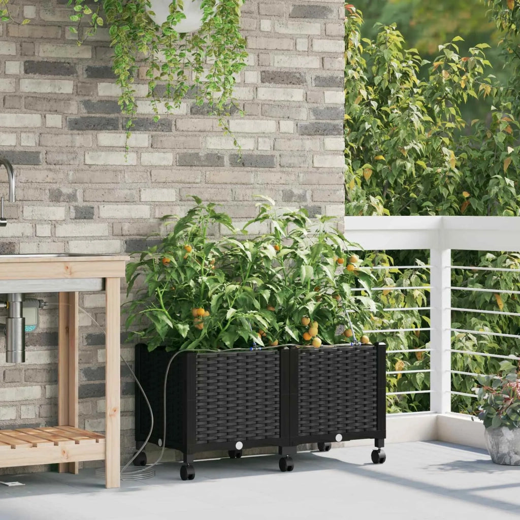 Vaso da Giardino con Irrigazione e Ruote 2 pz Nero PP 3422995