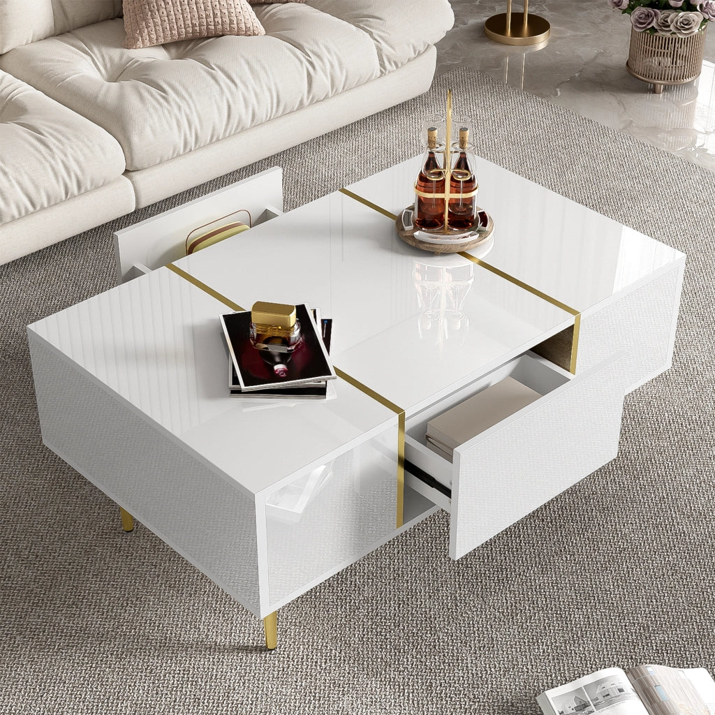 TAVOLINO DA CAFFÈ 100x60x41,5 cm Bianco Lucido MDF con 2 Cassetti