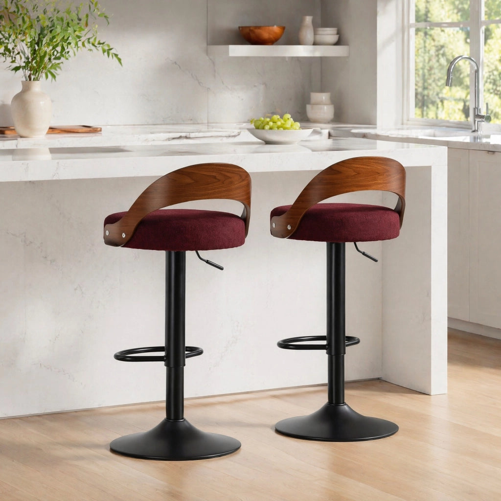 Sgabello da bar girevole 360° con altezza regolabile, schienale e poggiapiedi, in lino, Rosso vino