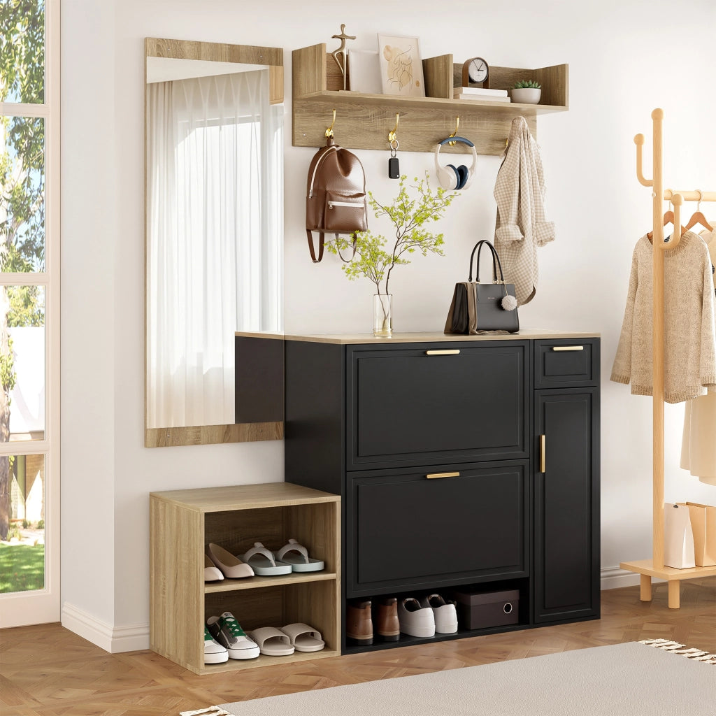 Set ingresso 4 pezzi con scarpiera, panca, appendiabiti da parete e specchio, design salvaspazio in colore Naturale + Nero