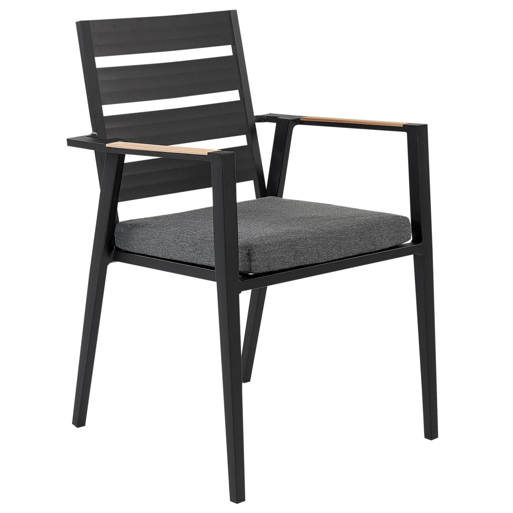 Set di mobili da esterno tavolo rotondo da pranzo nero 110 cm in alluminio e legno sintetico 4 sedie cuscini grigi