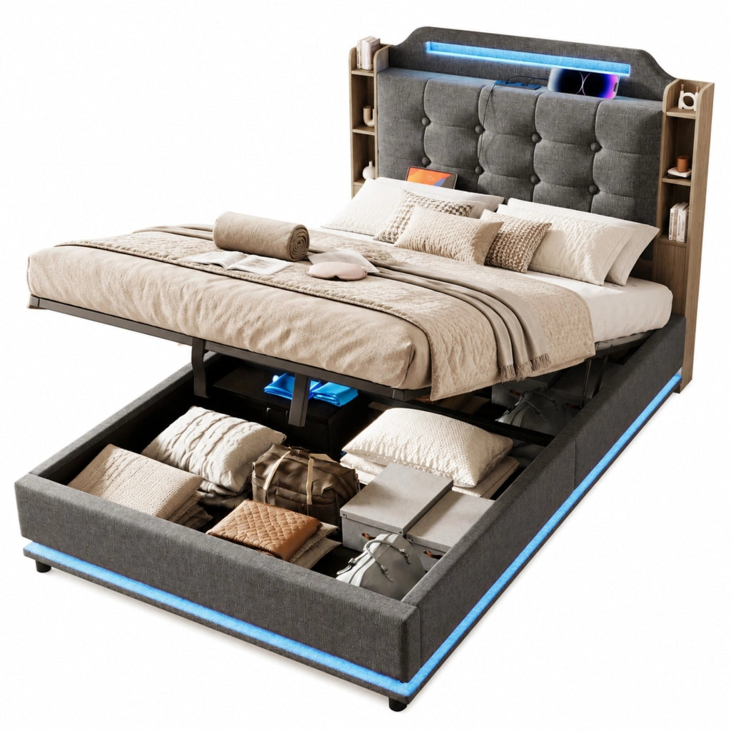 Letto matrimoniale imbottito 140x200 cm in lino grigio con LED; contenitore; USB e Type-C