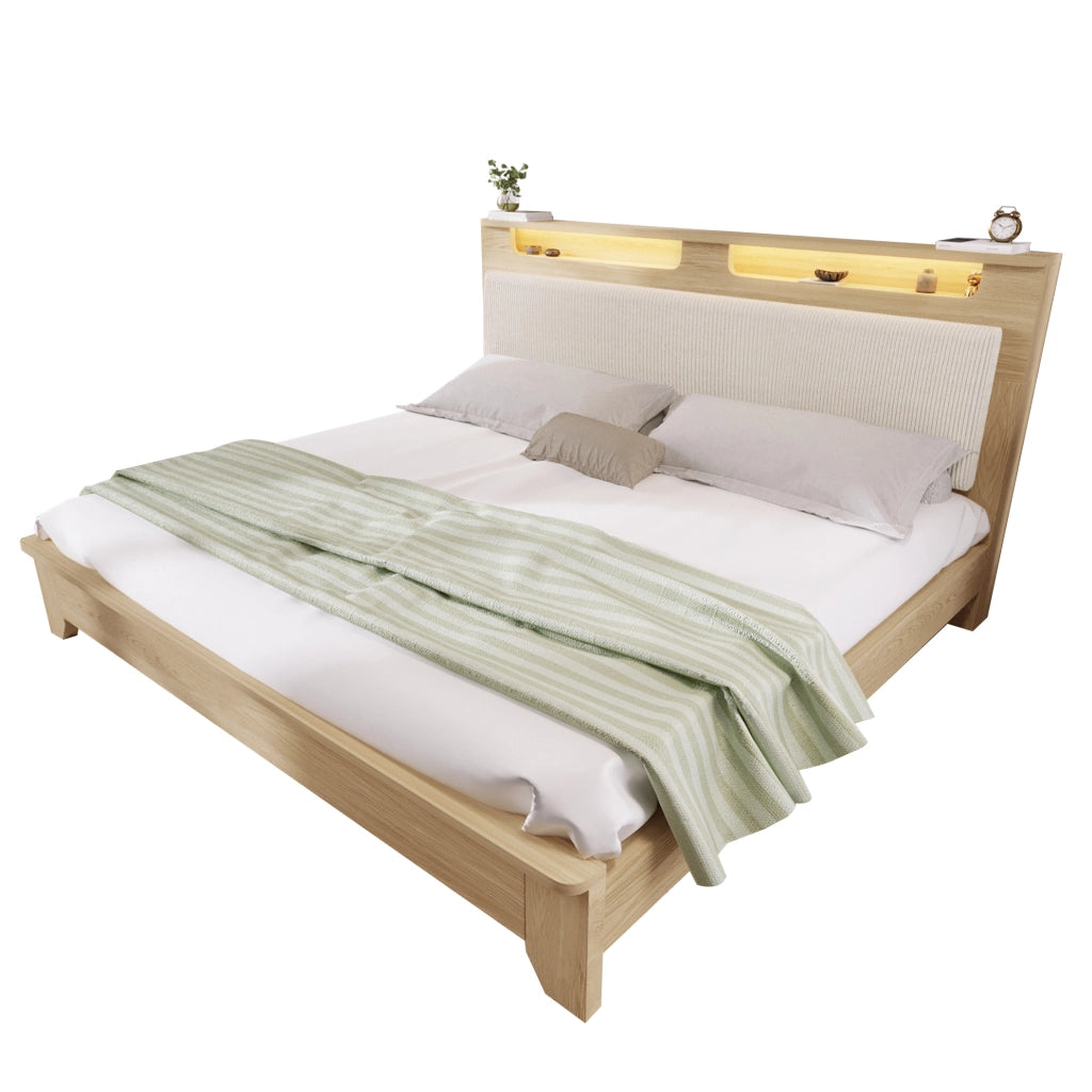 Letto matrimoniale 180x200 cm in corduroy beige con testiera contenitore e LED