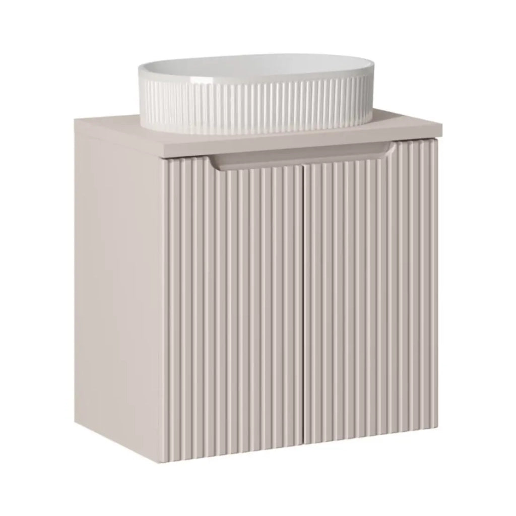 Set VANO cashmere 60cm: mobile sotto lavabo con armadietti + piano per lavabo + lavabo da appoggio scanalato bianco
