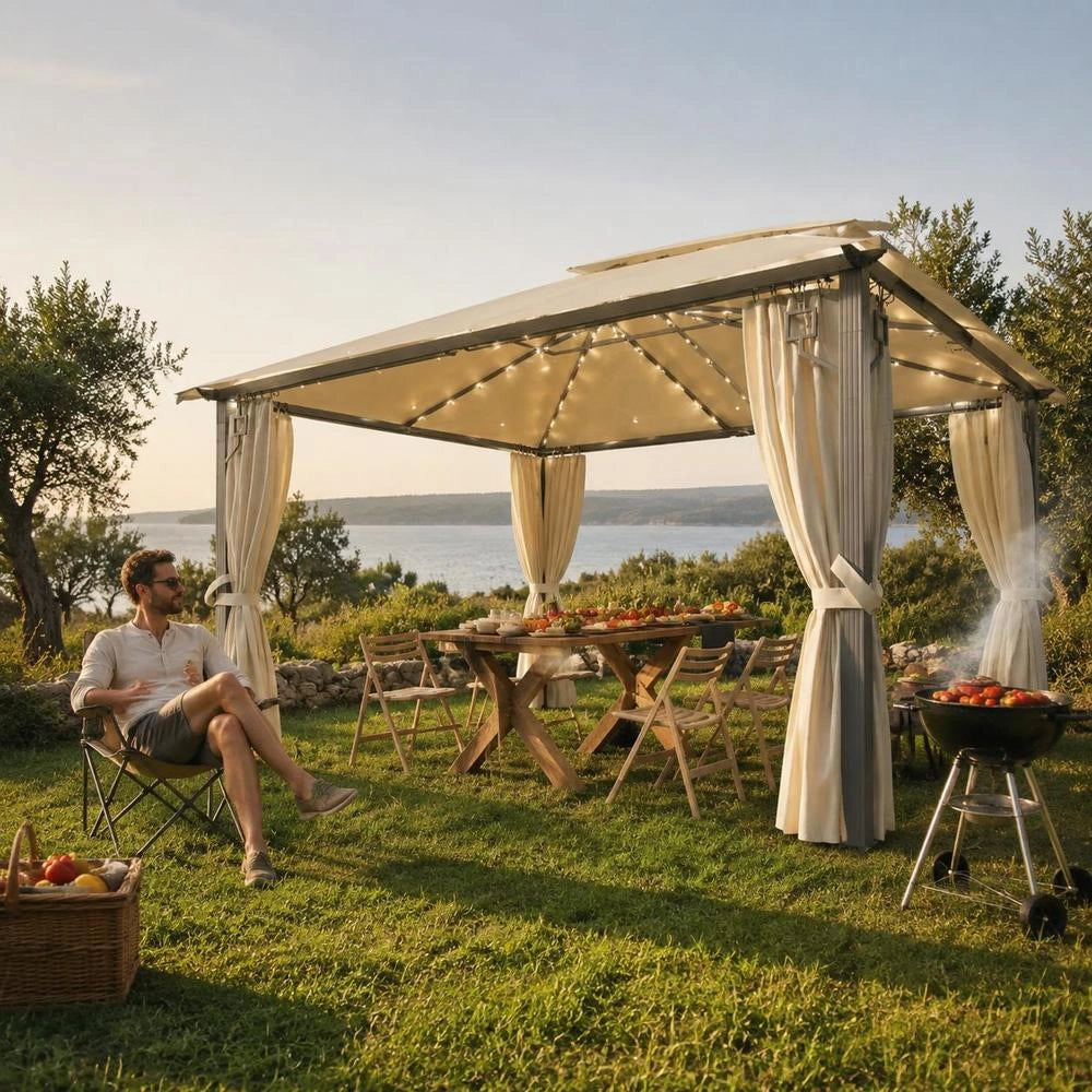 Pavilion With Curtains & LED String Lights 400x300 Cm Cream Aluminum