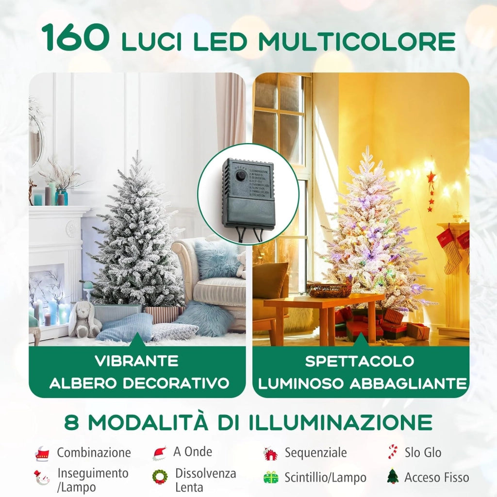 Albero di Natale Artificiale Innevato 135/186/218 CM, Albero di Natale con Cerniera e 8 Modalità luminose, 160/260/350 Luci LED Multicolori e 436/820 /1164 Punte di Ramo in PVC e PE (135 CM)