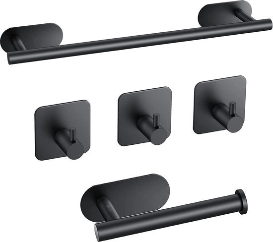 Supporto asciugamano senza forare, 43 cm, maniglia di asciugamano in acciaio inossidabile 304, con contenitore per carta igienica e 3 ganci per asciugamano, autoadesivo, set di accessori bagno 5 in 1, fissaggio alla parete per bagno, cucina