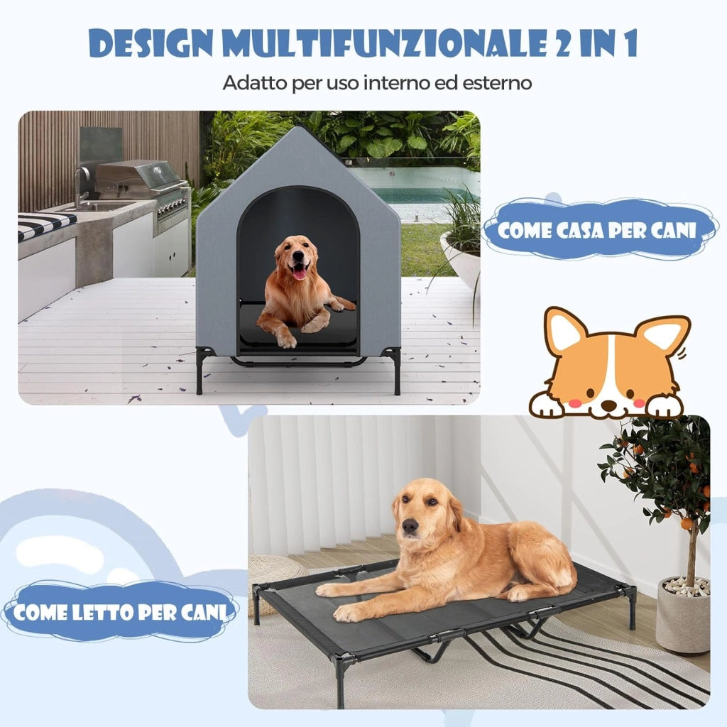 Casetta per Cani, Letto Rialzato per Cani con Copertura Rimovibile ed Impermeabile e Finestre Ventilate, Cuccia Cane Esterno ed Interno Taglia Piccola/Media/Grande (84 x 132 x 114 cm)
