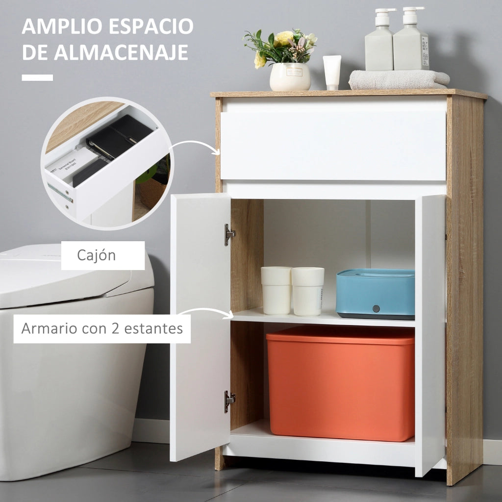 Mobiletto Bagno con Cassetto e 2 Ante ¨C Zephmum ¨C 60x30x90 cm Bianco e Legno Naturale