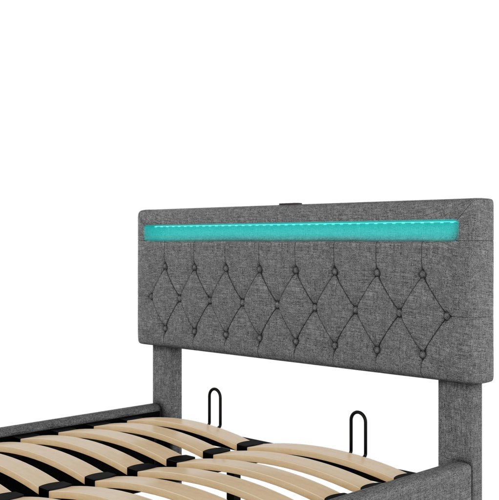 Letto imbottito 140 x 200 cm con contenitore idraulico; LED; USB e USB-C; lino grigio